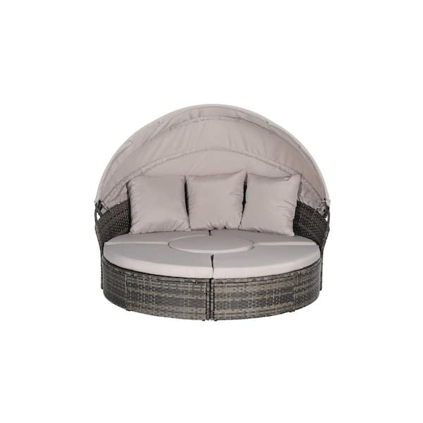 Gray Wicker Outdoor Patio Round Day Bed with Light Gray Cushions and Retractable Canopy and Storable Table for Leisure