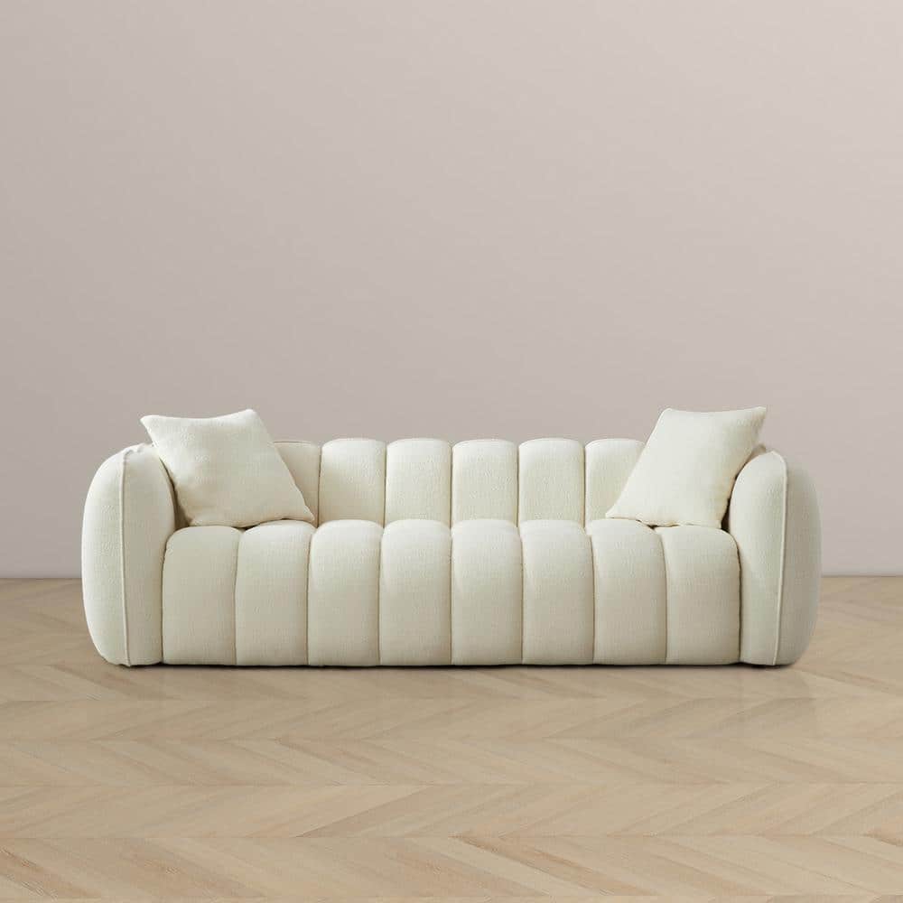Cream White Tufted Microfiber 3-Seater Sofa with Wood Base