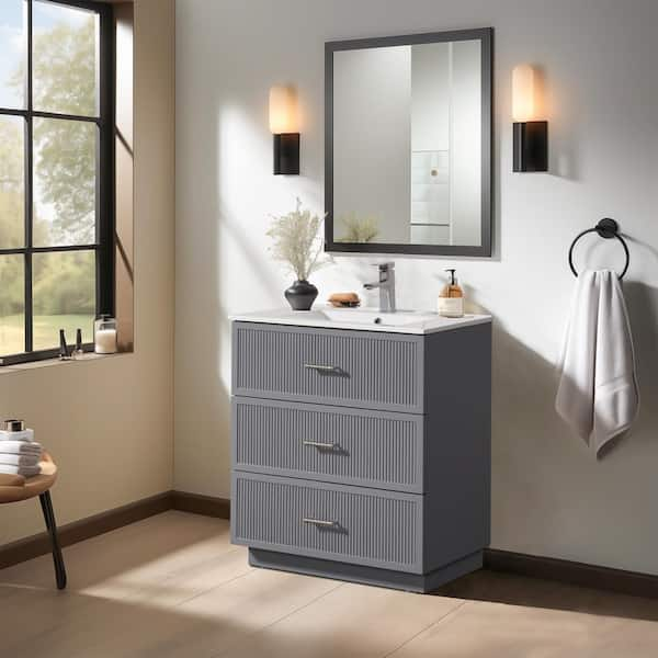 18.25 in. W. x 29.75 in. D x 34.13 in. H 1 Sink Freestanding Bath Vanity in Gray with White Ceramic Top and 3-Drawers