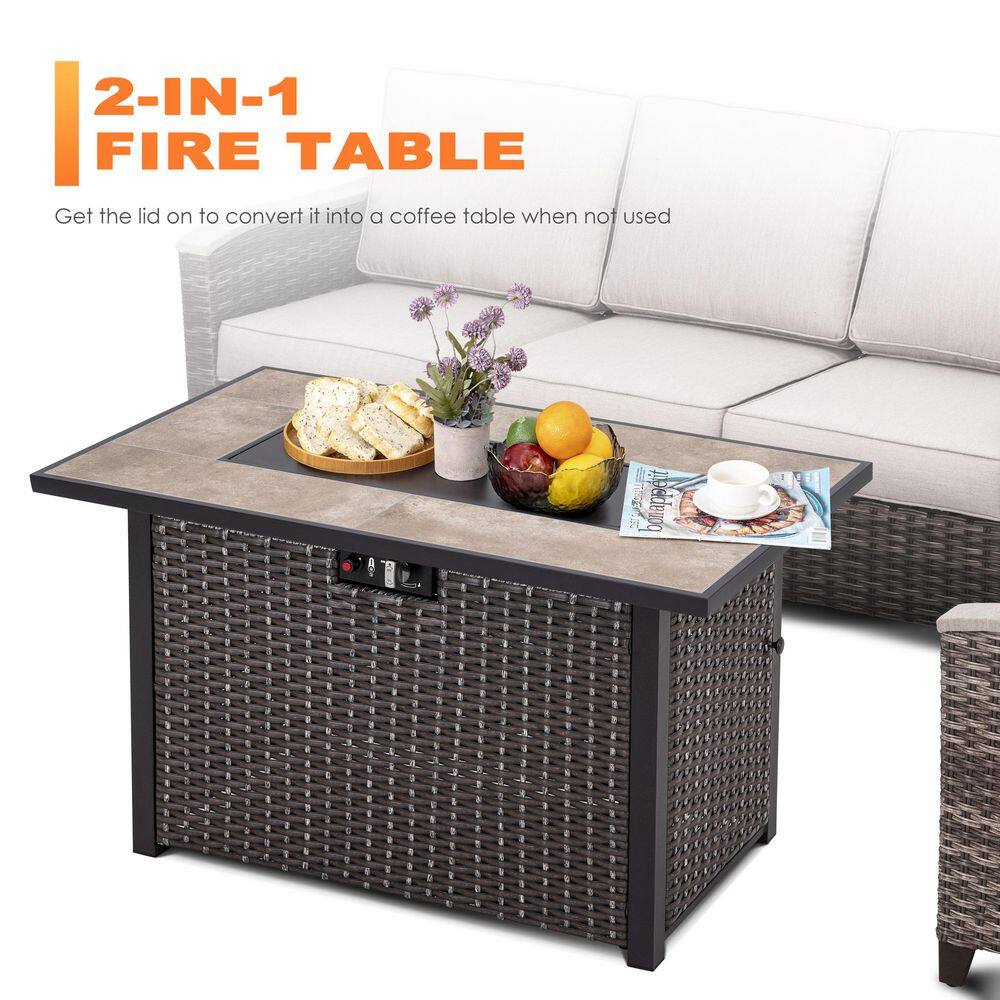 Nuu Garden 43" Ceramic and Rattan Gas Fire Pit Table