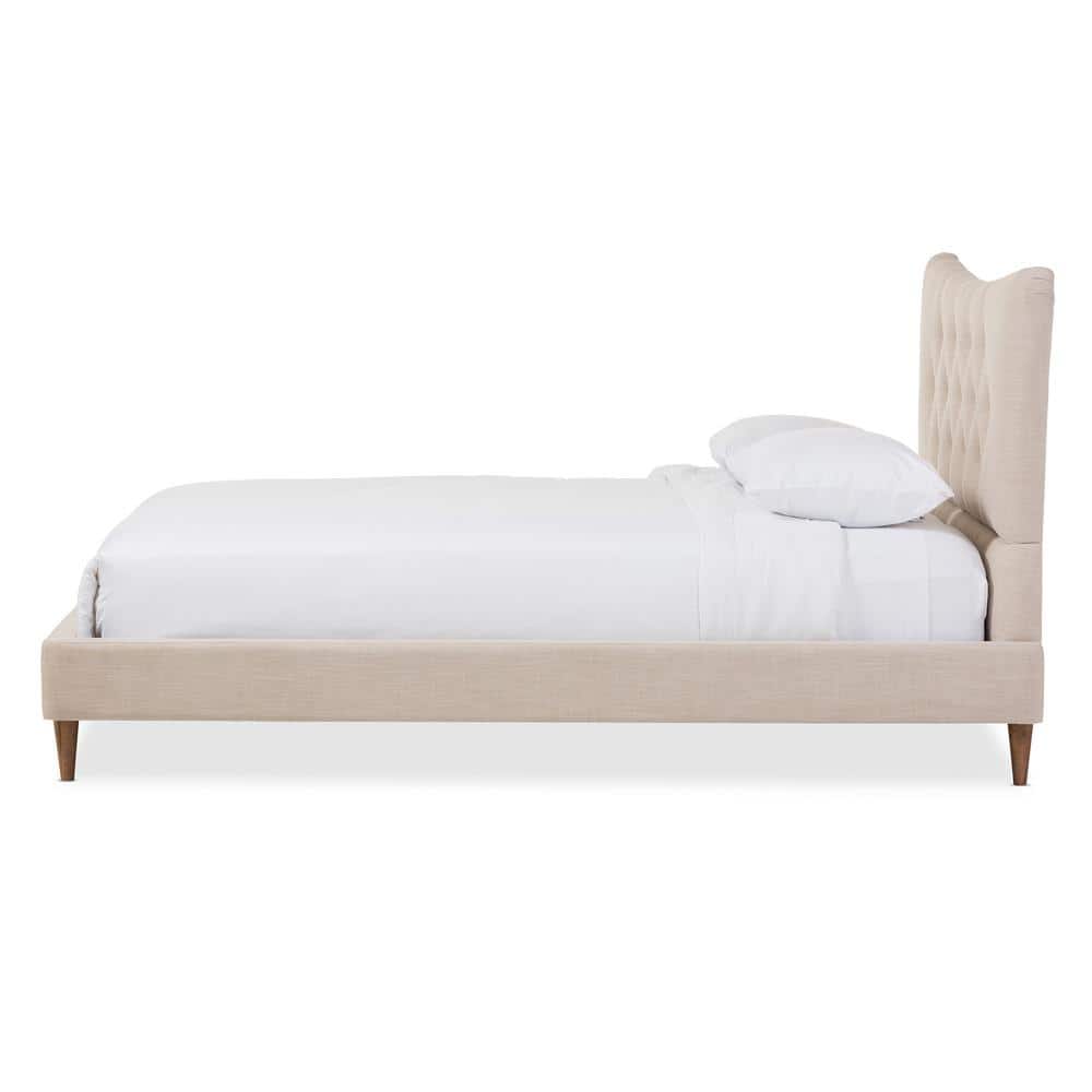 Hannah Beige Queen Linen Upholstered Platform Bed with Tufted Headboard