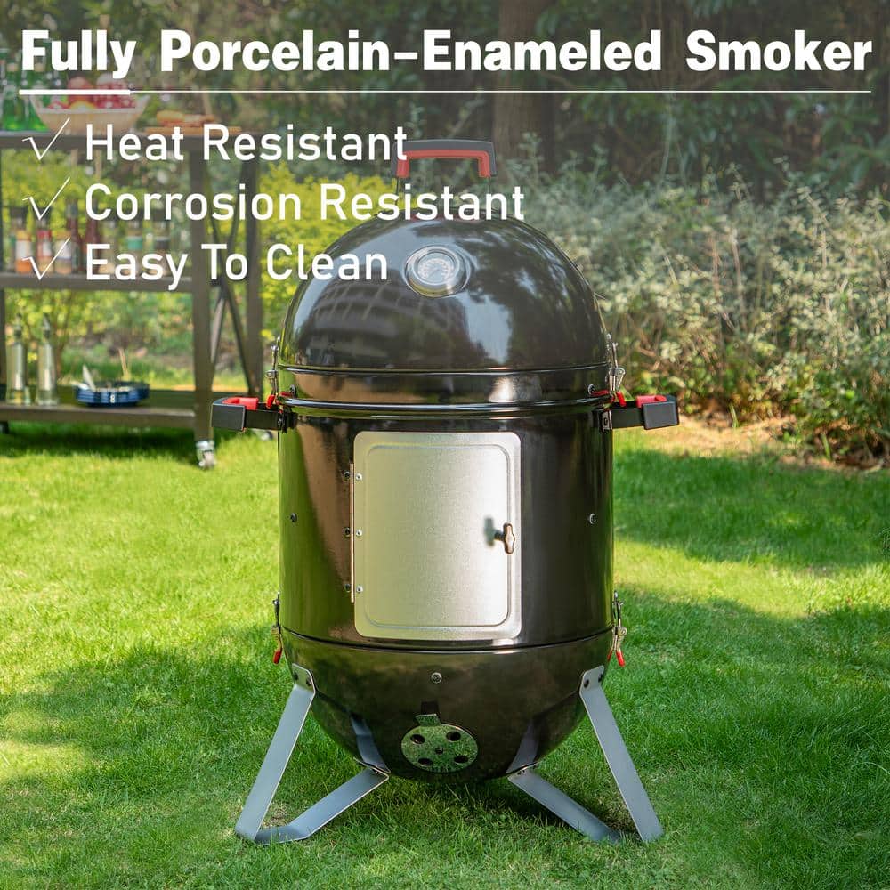 18" Black Charcoal Vertical Smoker Grill with Porcelain Enamel Bowls