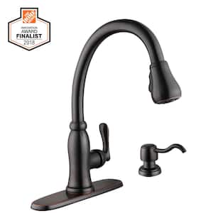Pavilion Single Handle Pull-Down Sprayer Kitchen Faucet with Soap Dispenser in Bronze