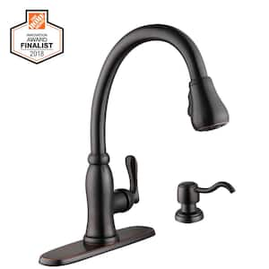 Pavilion Single Handle Pull Down Sprayer Kitchen Faucet with TurboSpray and FastMount and Soap Dispenser in Bronze