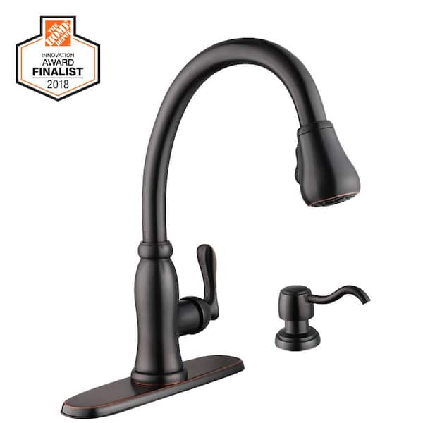 Glacier Bay Pavilion Single-Handle Pull-Down Kitchen Faucet with TurboSpray and FastMount and Soap Dispenser in Bronze