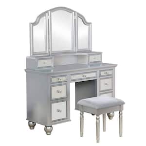 2-Piece Silver and Gray Makeup Vanity Set with Stool and 9 Storage Drawers