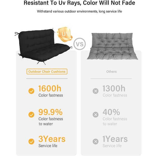 UV-Resistant 48 x 40 in. Black Outdoor Porch Swing Cushion - 2-in-1 Detachable and Waterproof with Backrest