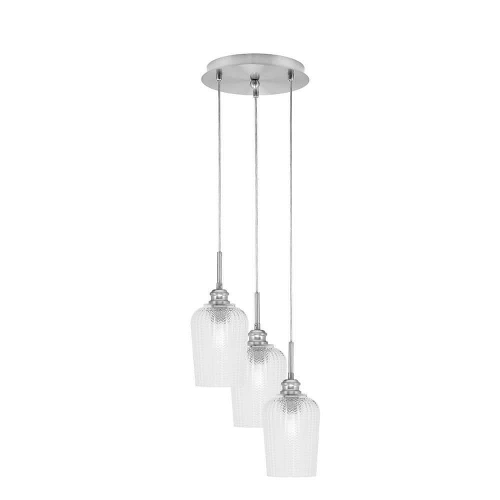 Savannah 10 in. 3-Light Brushed Nickel Cord Pendant Light Clear Textured Gl
