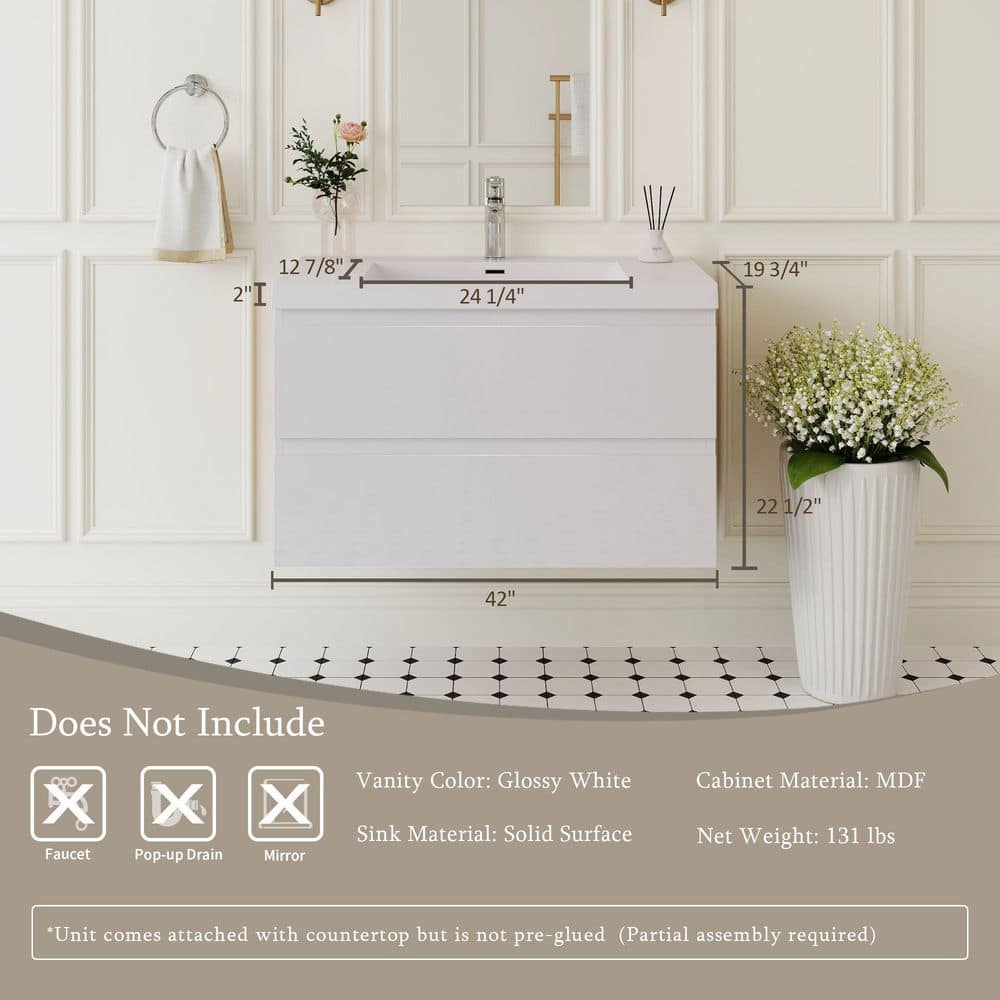 42" Glossy White MDF Floating Bathroom Vanity with Resin Sink