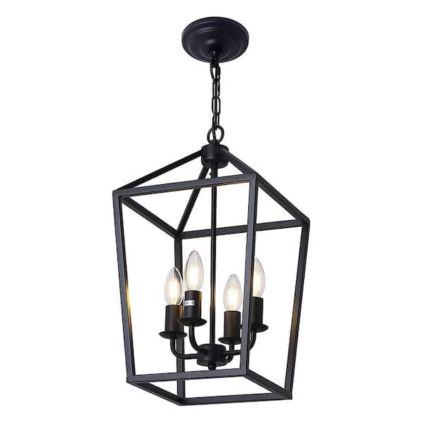 YANSUN 4-Light Black Farmhouse Chandelier, Vintage Metal Lantern Pendant Foyer Kitchen Island