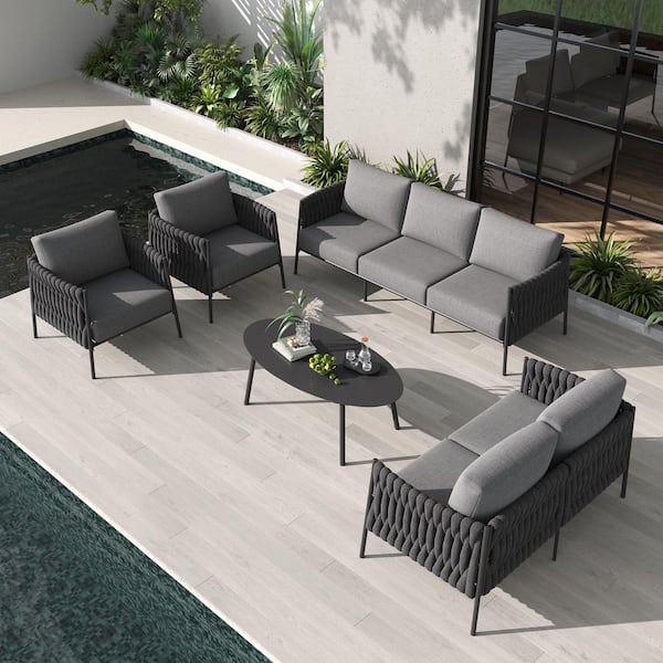 LayinSun 5-Piece Modern Woven Rope Outdoor Furniture Set with Oval Table and Gray Cushions