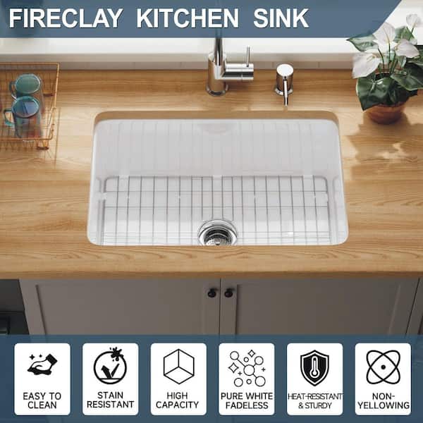 27 in. Fireclay Kitchen Sink Drop-in/Undermount Dual Mount White Single Bowl Kitchen Sinks with Sink Grid and Strainer