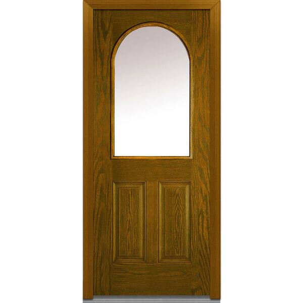 MMI Door 32 in. x 80 in. Right-Hand Inswing 1/2-Lite Round Top Clear 2-Panel Classic Stained Fiberglass Oak Prehung Front Door