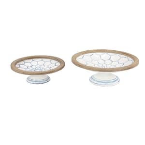 Large White and Natural Wood and Metal Decorative Bowls on Pedestals with Blue Designs (Set of 2)