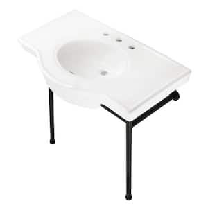 Manchester 37 in. Ceramic Console Sink Set with Stainless Steel Legs in White/Matte Black