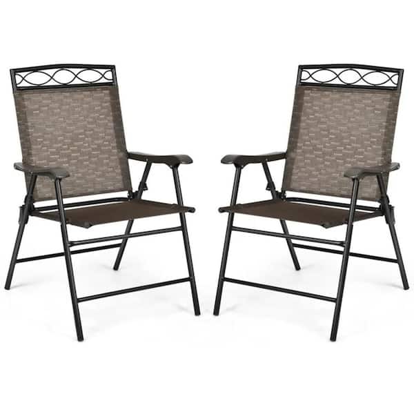 Set of 2 Patio Folding Chairs Sling Portable Dining Chair Set with Armrest
