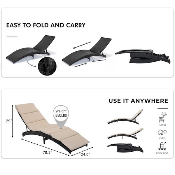 1-Piece Aluminum Frame Outdoor Chaise Lounge Foldable Patio Lounge Chair with Beige Cushion