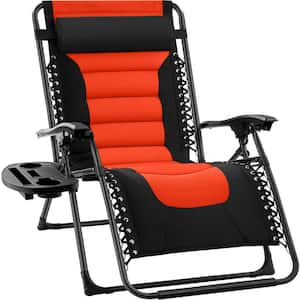 Oversized Padded Zero Gravity Black/Orange Metal Reclining Outdoor Lawn Chair with Side Tray