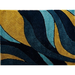 Aria Yellow/Navy Blue 5 ft. x 7 ft. Polyester Shag Area Rug