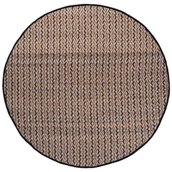 Natural Fiber 7 ft. x 7 ft. Natural/Black Geometric Striped Distressed Round Area Rug