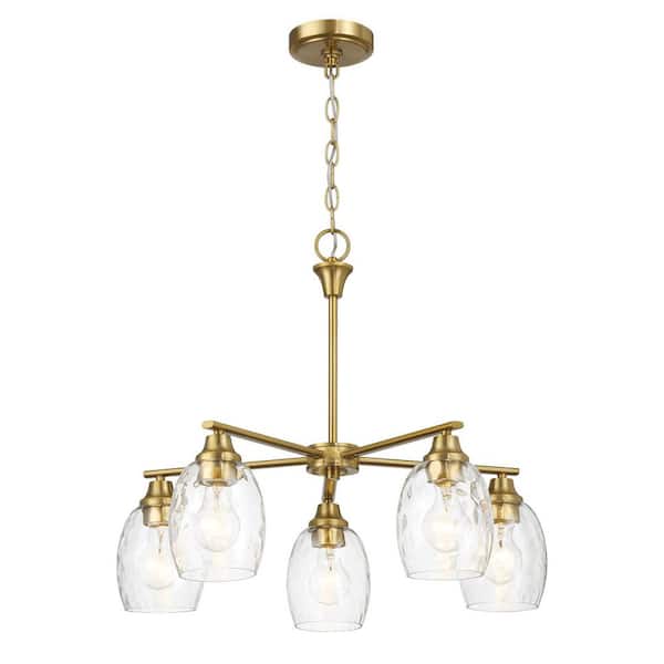 Elegance 24.1 in. 5-Light Gold Linear Arms Semi-Flush Mount Light Chandelier with Golden Brass Finish Chain Chandelier
