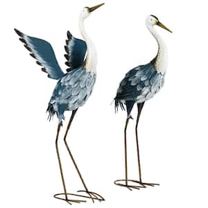 Heron Garden Statues, 29 in. and 27.5 in. Standing Bird Sculptures, Metal Yard Art Decor Blue and White ( Set of 2)
