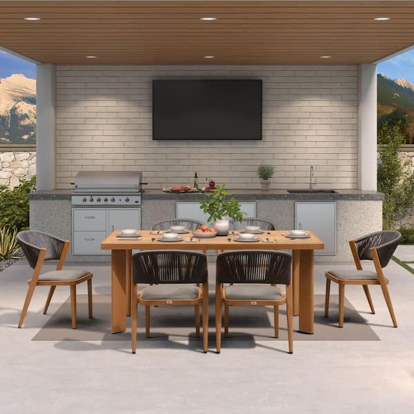 PURPLE LEAF 7-Piece Aluminum Wicker Dining Table and Chairs Patio Outdoor Dining Set Teak Patio Furniture Set with Cushions, Brown