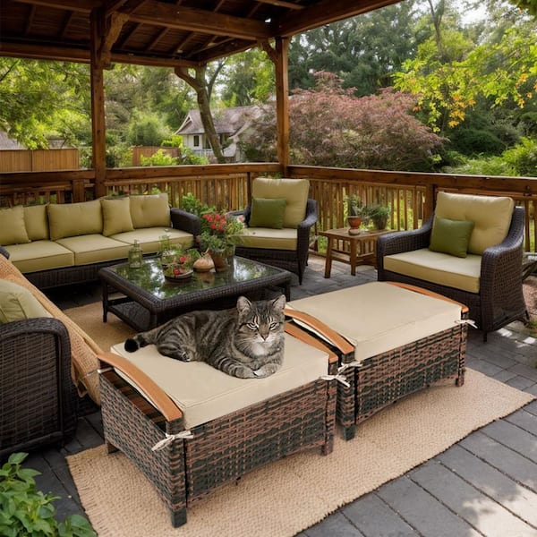 Karl home Brown Wicker Outdoor Ottoman with Beige Cushion (2-Pack)