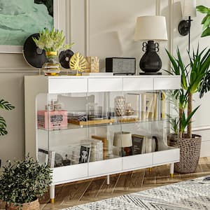 White Wood 55.1 in. W Display Cabinets Storage Cabinet With Tempered Glass Shelves and Doors, LED Lights