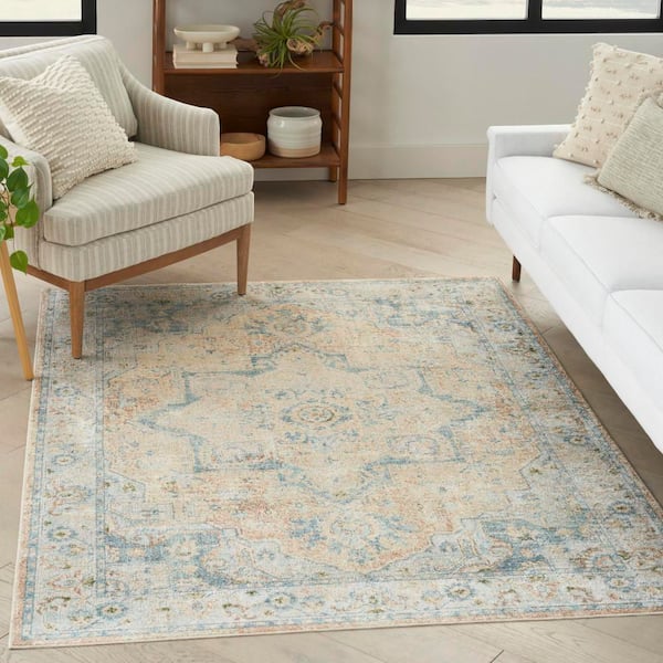 Astra Machine Washable Beige Blue 4 ft. x 6 ft. Center medallion Traditional Area Rug