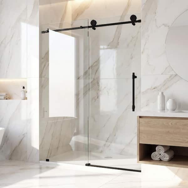 Elan Hart 56 to 60 in. W x 76 in. H Sliding Frameless Shower Door in Matte Black with 3/8 in. (10mm) Clear Glass