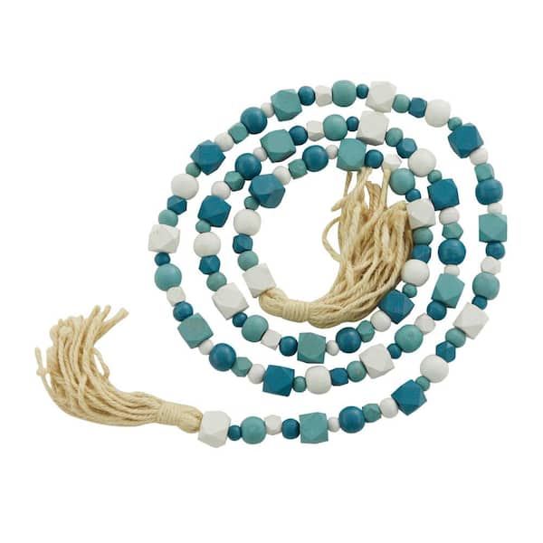 Litton Lane Blue Handmade Mango Wood Hexagon Carved Geometric Long Beaded Garland with Tassel