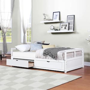 White Wooden Daybed with Trundle and 2 Storage Drawers, Extendable Bed