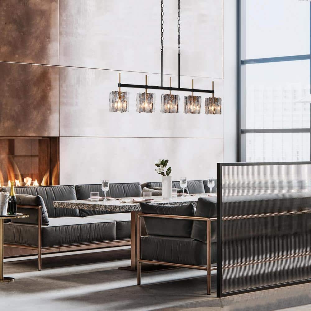 Kasy 5-Light Black and Brass Linear Chandelier with Smoke-Gray Glass