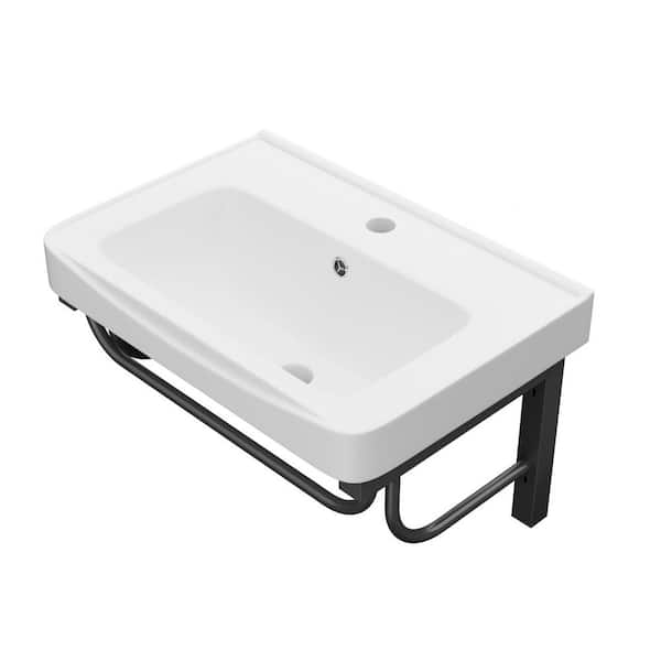 20 in. Wall Mount Floating Rectangular Lavatory Vanity Vessel Sink in White with Single Faucet Hole and Overflow