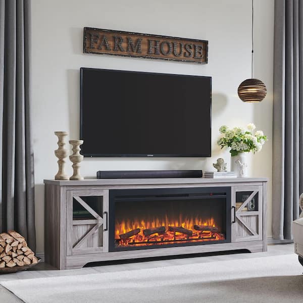 75 in. Freestanding Wood 44 in. Electric Fireplace TV Stand with 1400W Heat 5000 BTU Flame Remote CSA in Gray Wash