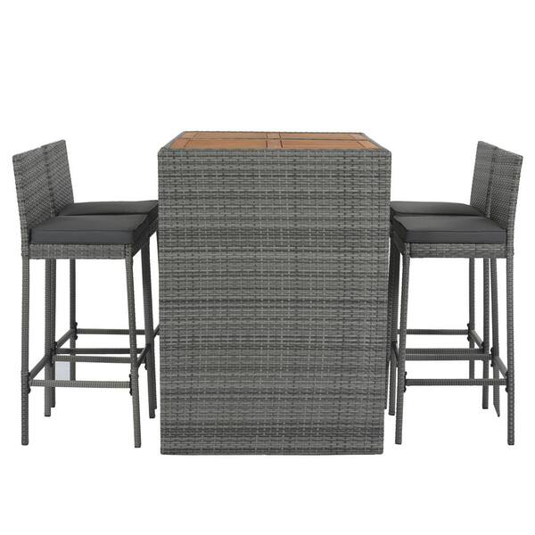 Sudzendf 5-Piece Wicker Outdoor Serving Bar Set with Gray Cushion, Brown Wood And Gray Wicker