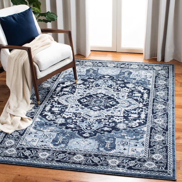 Charleston Navy/Blue 9 ft. x 12 ft. Border Floral Area Rug