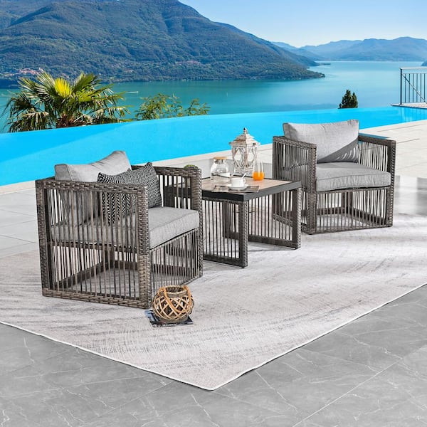 Patio Festival 3-Piece Wicker Patio Conversation Deep Seating Set with Gray Cushions