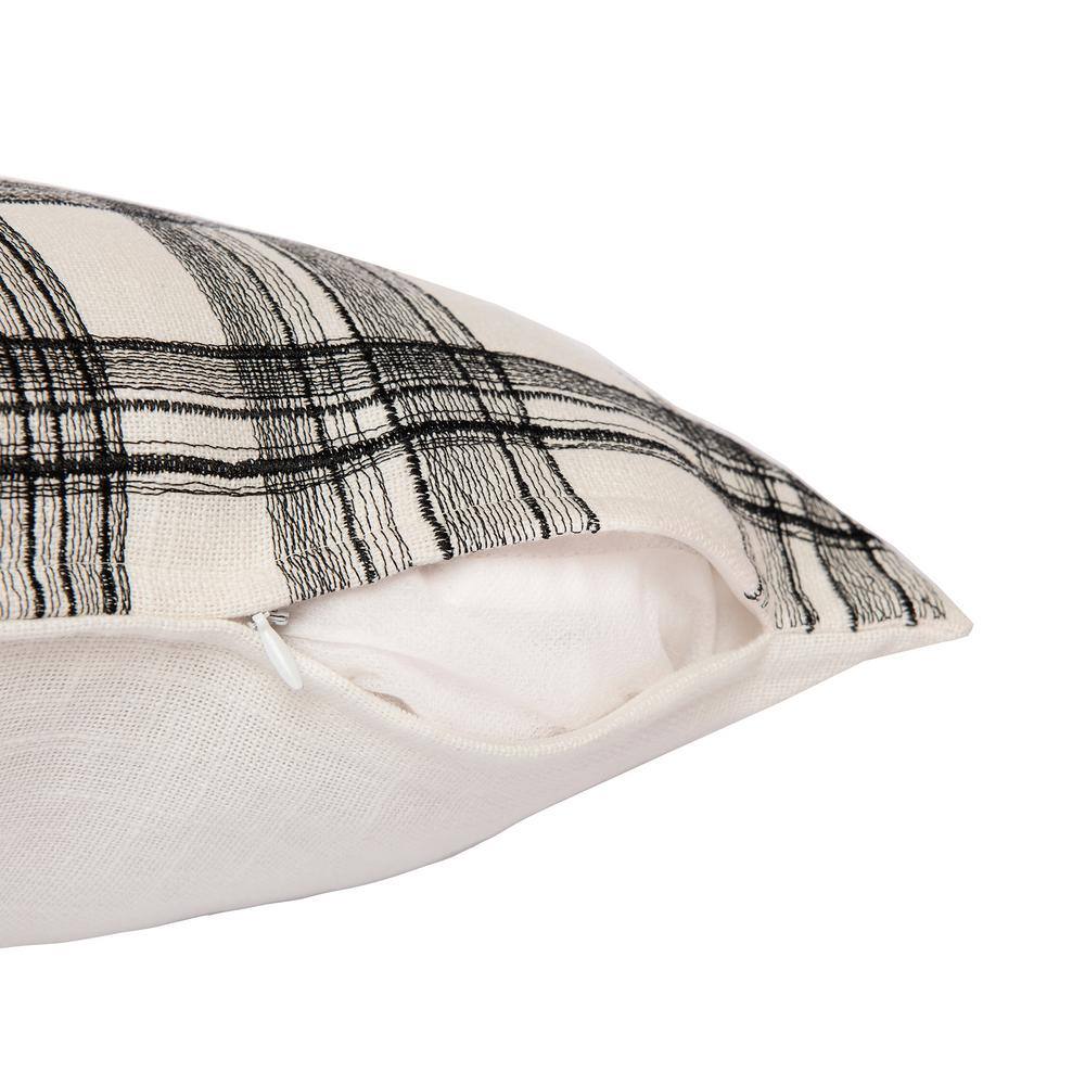 White and Black Embroidered Cotton Blend Square Throw Pillow