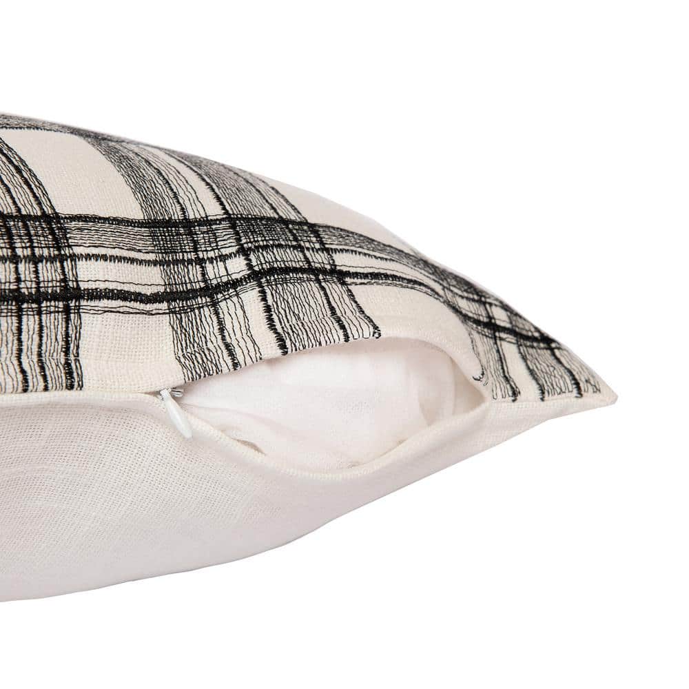 White and Black Embroidered Cotton Blend Square Throw Pillow