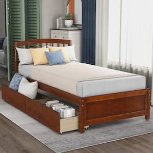 Walnut Brown Wood Frame Twin Size Platform Bed with Two Drawers and Headboard