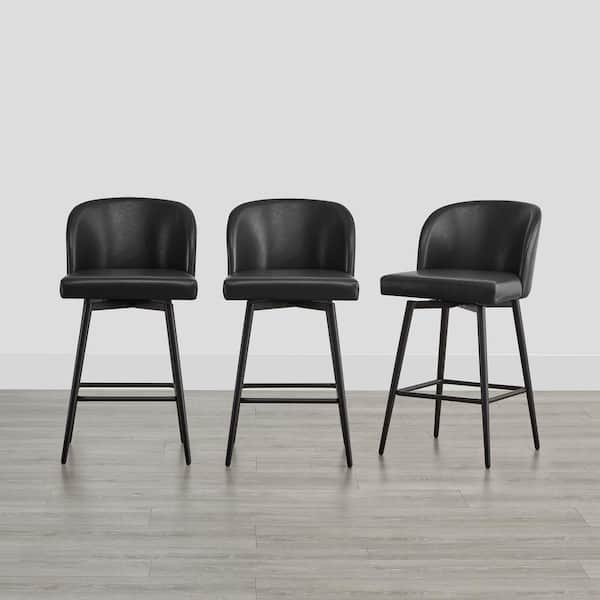 Spruce & Spring 26 in. Cynthia Black High Back Metal Swivel Counter Stool with Faux Leather Seat (Set of 3)