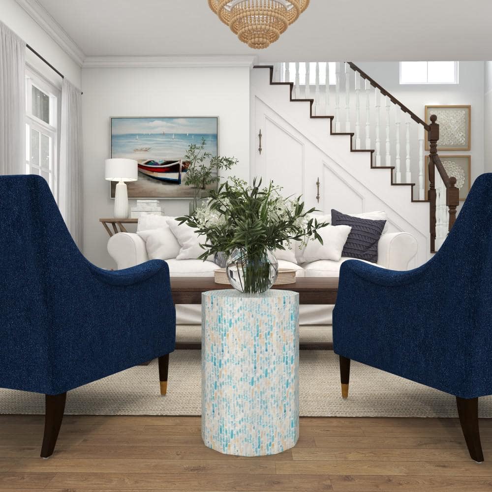 Elegant Blue Mother of Pearl 13" Round Wood Accent Table