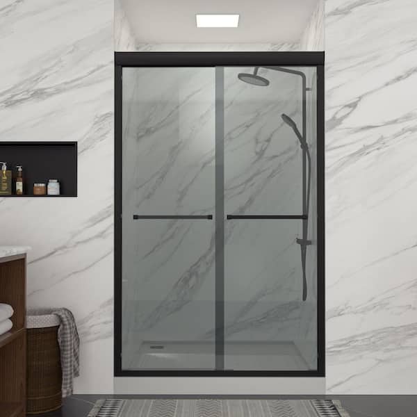 48-48 4/5 in. W x 76 in. H Soft-Close Matte Black Framed Double Sliding Shower Door with 5/16 in. Gray Glass