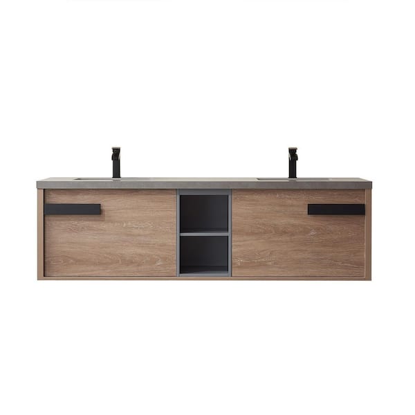 ROSWELL Carcastillo 72 in.W x 22 in.D x 21 in.H Double Sink Bath Vanity in N.American Oak with Grey Natural Stone Top