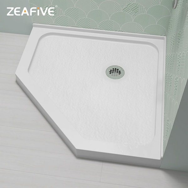 Zeno 36 in. L x 36 in. W Neo Angle Corner Shower Pan Base with Corner Drain in White Acrylic Non-Slip RV/Bathroom Tray