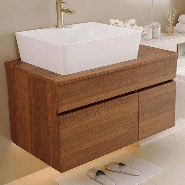 32 in. Single Sink Floating Walnut Bath Vanity with White Cultured Marble Top