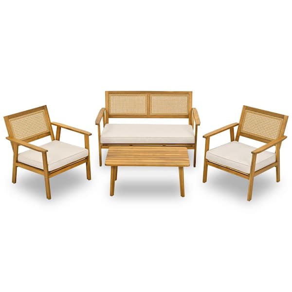 TIRAMISUBEST TD Garden 4-Piece Wicker Patio Conversation Set with Beige Cushions