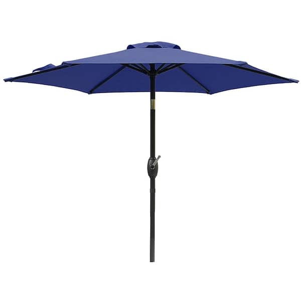 Misopily 7.5 ft. Steel Push-Up Patio Umbrella with Crank and Push Button Tilt, Water Resistant, 6 Aluminum Ribs in Navy Blue